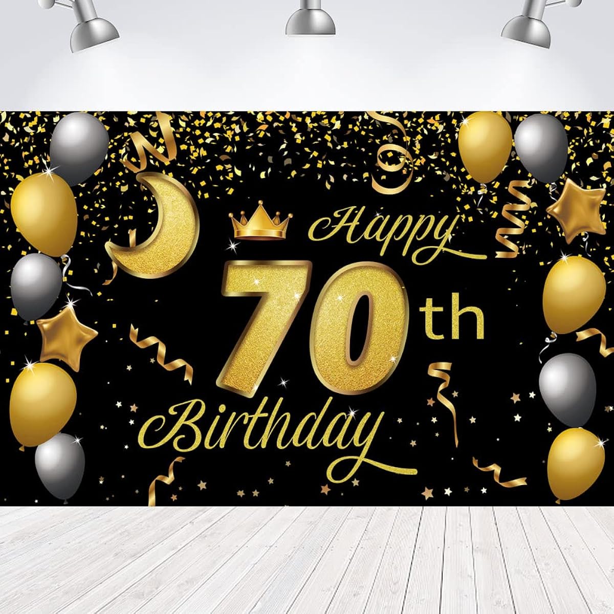 Sweet Happy 70th Birthday Backdrop Banner Poster 70th Birthday Party Decorations 70th Birthday Party Supplies 70th Photo Backdrop for Girls Boys Women Men - Black Gold 72.8 x 43.3 inches