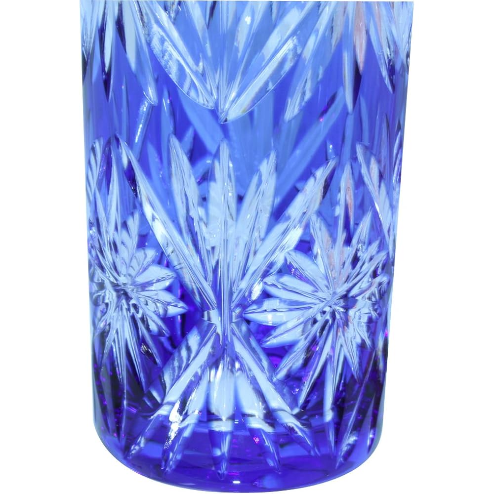 Kagami Crystal Pair Single Bite Beer Glass Red Blue 120cc Edo Kiriko Bamboo Leaf with Star Pattern #2824