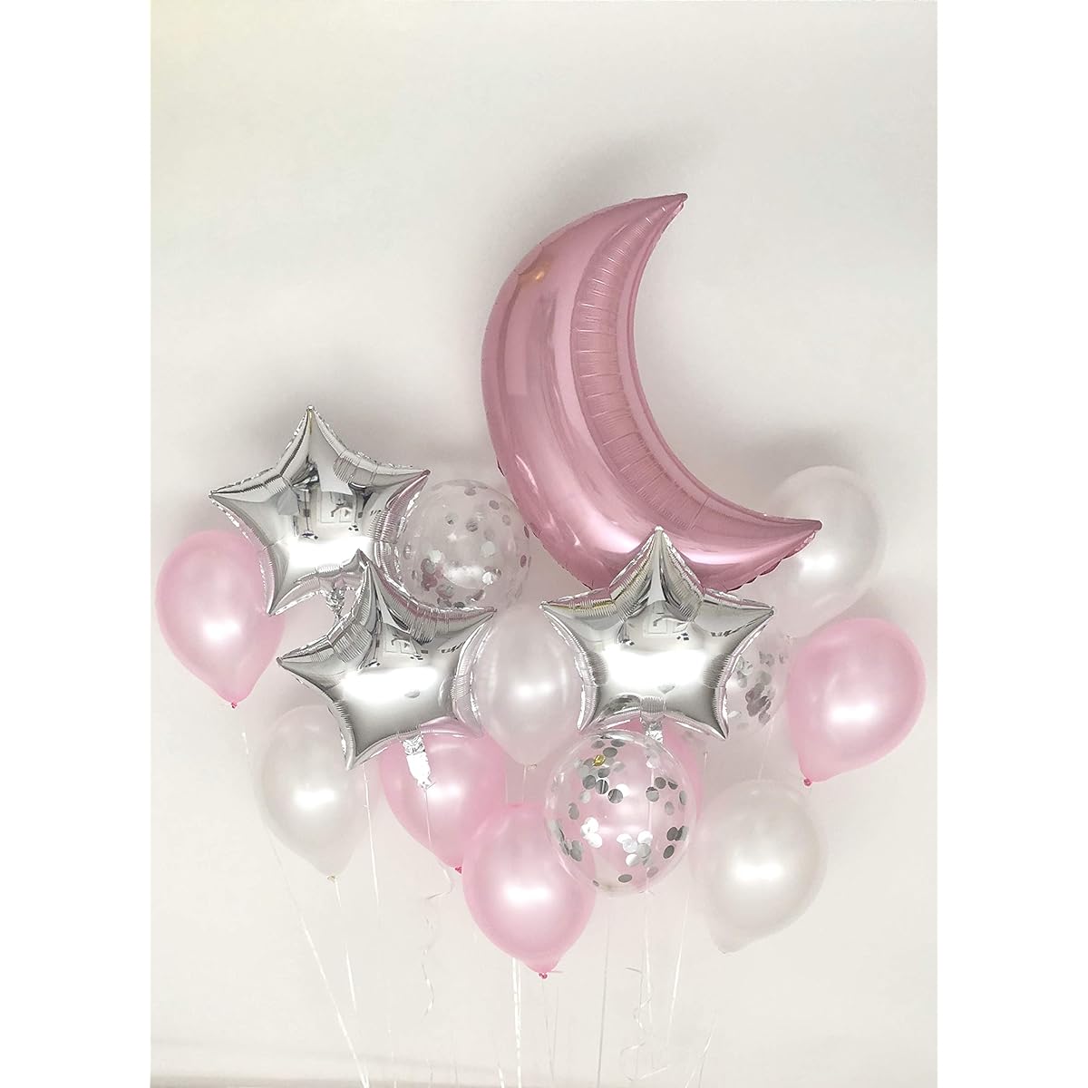 Sweet Moon 16 Piece Moon and Star Balloon Bouquet - Baby Shower Birthday Gender Reveal Eid Ramadan Party Decorations (Pink)
