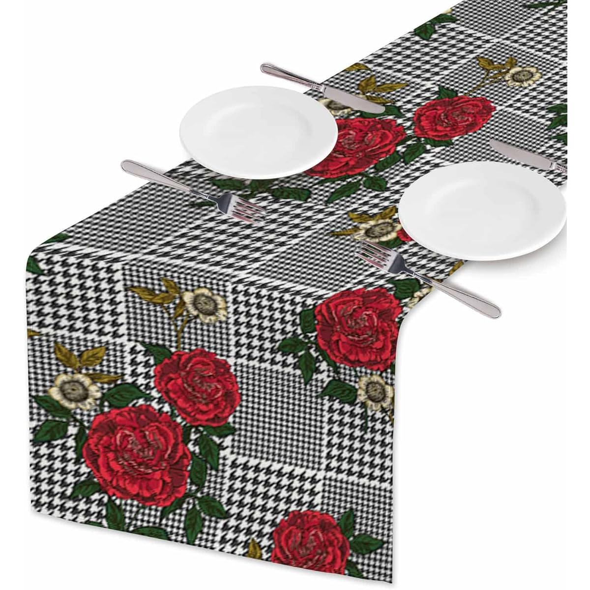 HOSNYE Table Runner Red Rose Flower Black Plaid Cotton Linen Table Runner Decor Kitchen Family Dinner Table Holiday Party Farmhouse Style 13 x 72 Inch