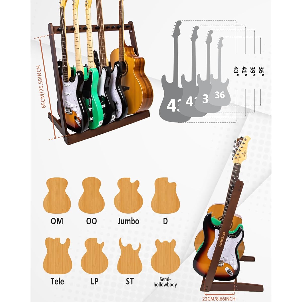 STRICH Guitar Stand for Multiple Guitars, Hardwood Guitar Rack for 6 Electric Guitar Bass or 4 Acoustic Guitars, Padded Multi-Guitar Display for Home/Studio/SMT-10 (6 Holders)