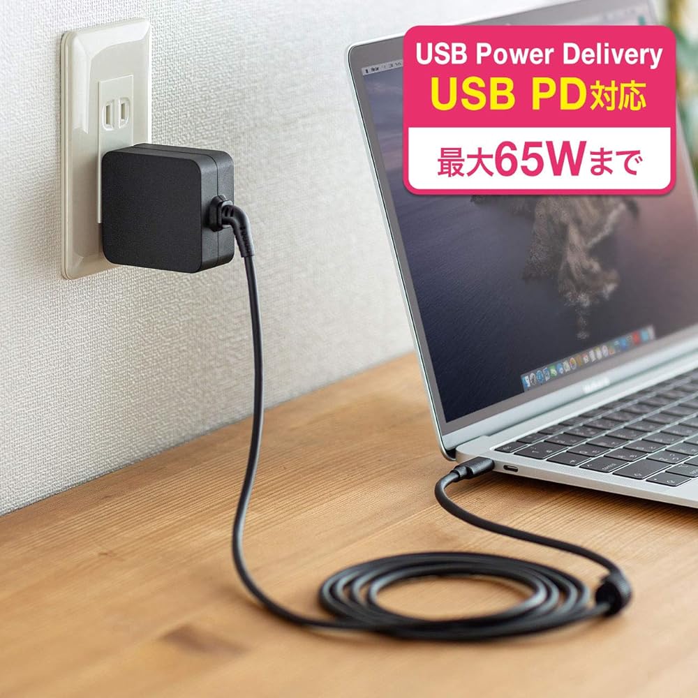 Sanwa Supply USB Power Delivery compatible AC charger (PD65W) Type-C cable integrated ACA-PD76BK