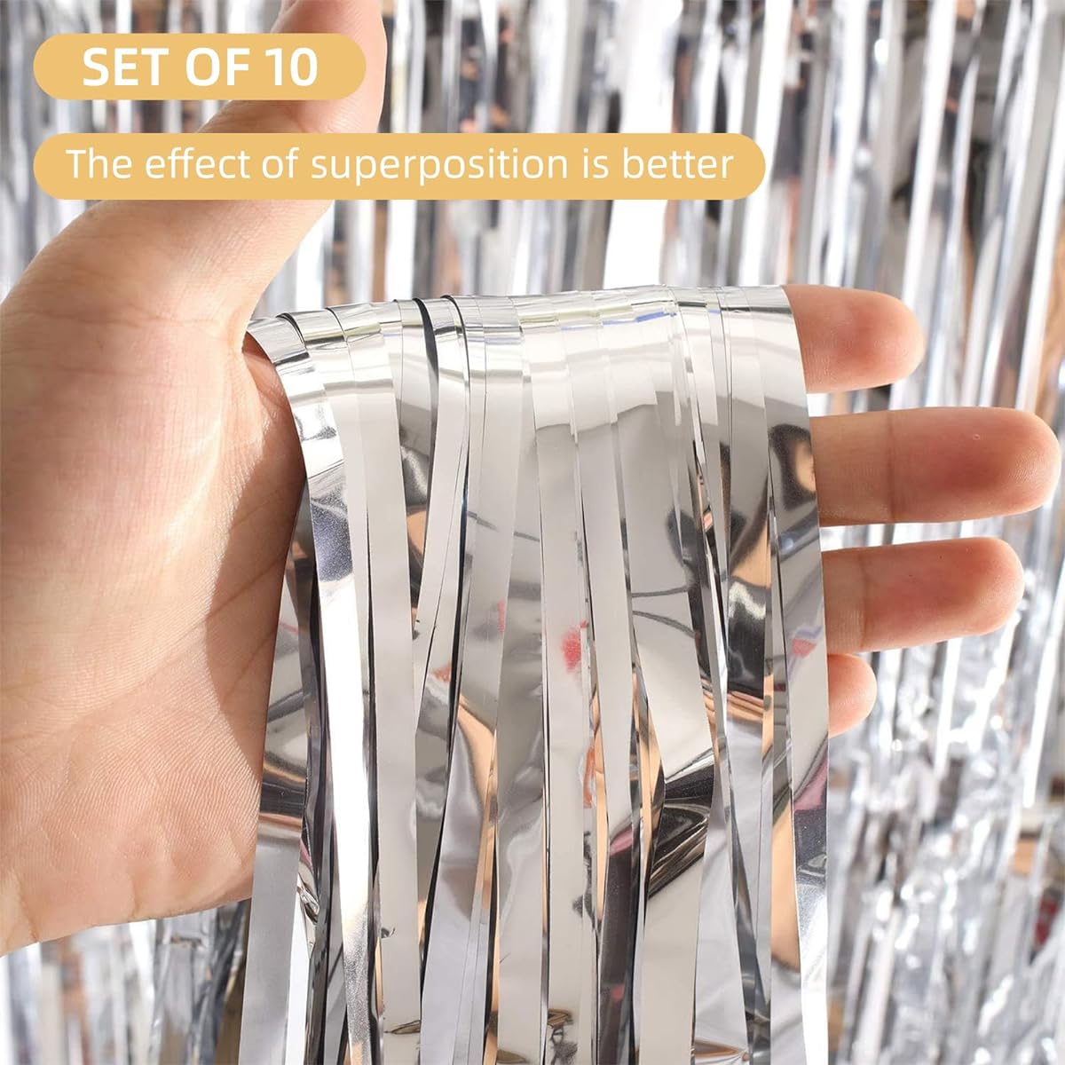 Silver Foil Curtain Backdrop 3.3ft x 10ft Silver Metallic Tinsel Foil Fringe Curtain Streamer Photo Booth Backdrop Birthday Party Engagement Bachelorette Party Decoration (Silver)
