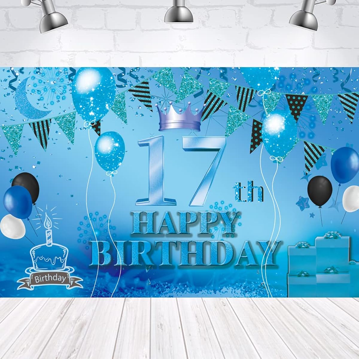 Happy 17th Birthday Background Banner Blue 17th Sign Poster 17th Birthday Party Supplies Anniversary Photo Booth Photo Backdrop Birthday Party Decorations 72.8 x 43.3 inches