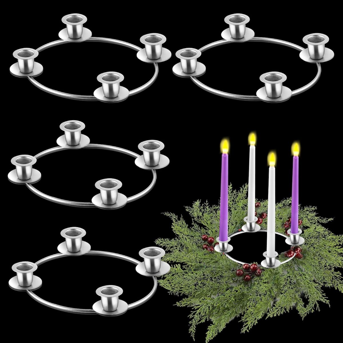 Mifoci 4pcs Advent Wreath Rings Candle Rings Wreath Christmas Silver Advent Candle Holders Christmas Advent Rings Wreath Tapered Metal Candle Holder Table Decorations Christmas Advent Home Decor