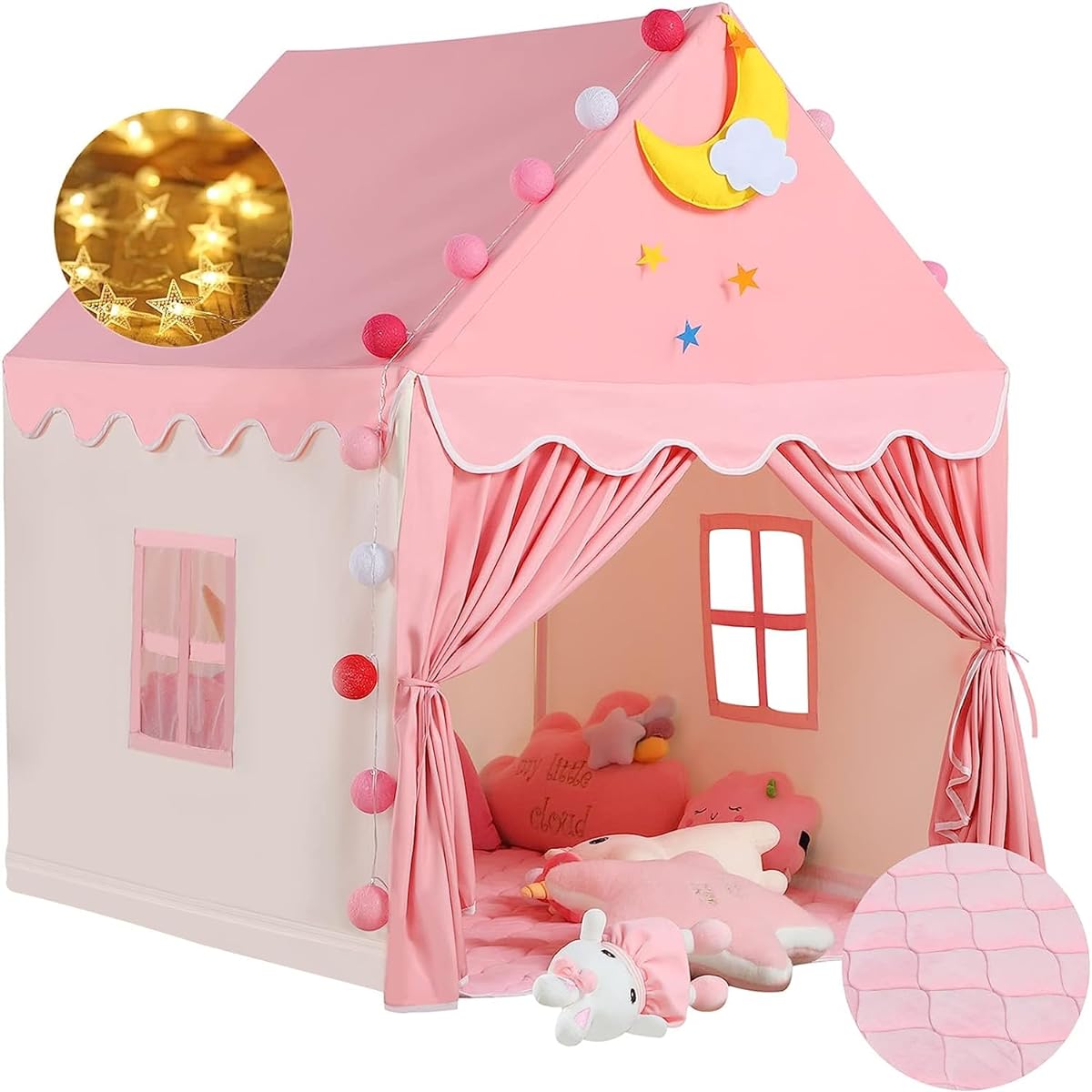 Wilwolfer Kids Tent with Mat, Starlight - Toddler Kids Play Tent Indoor Playhouse - Princess Tent for Girls Toy House Gift (Pink and Cloth)