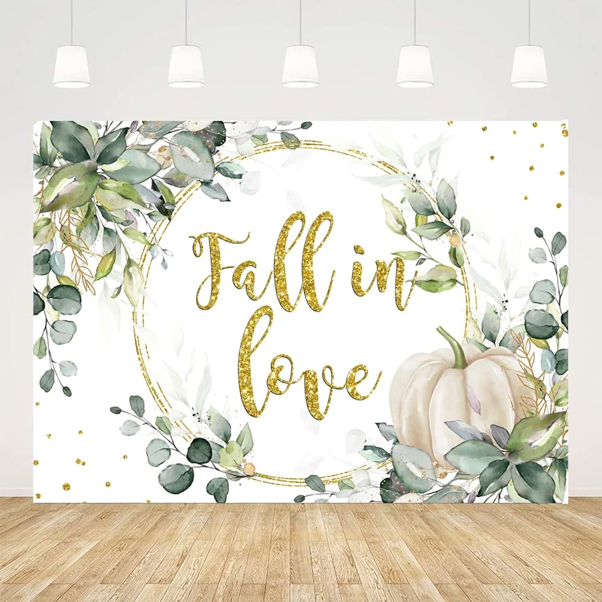 Ticuenicoa Fall in Love Backdrop Fall Wedding Theme Green Eucalyptus Leaves Gold Dots Pumpkin Photography Background Bridal Shower Party Decorations Banner Photo Booth Props 7x5ft