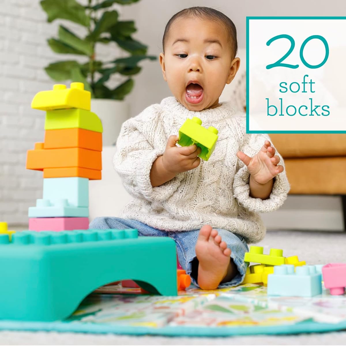 Infantino Super Soft 1st Building Block Activity Station for Babies and Toddlers, Easy to Hold, BPA Free, Multicolor, 22-Piece Set, Storage Box and Mat Included
