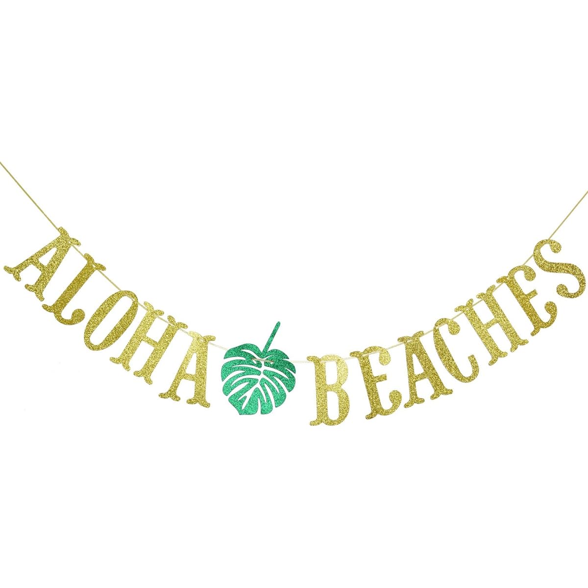 Hawaiian Aloha Banner Decoration Palm Leaf Garland for Hawaiian Tropical Luau Sand Beach Summer Party Supplies Decor Favors Bunting Photo Booth Props Sign (Gold & Green Glitter)
