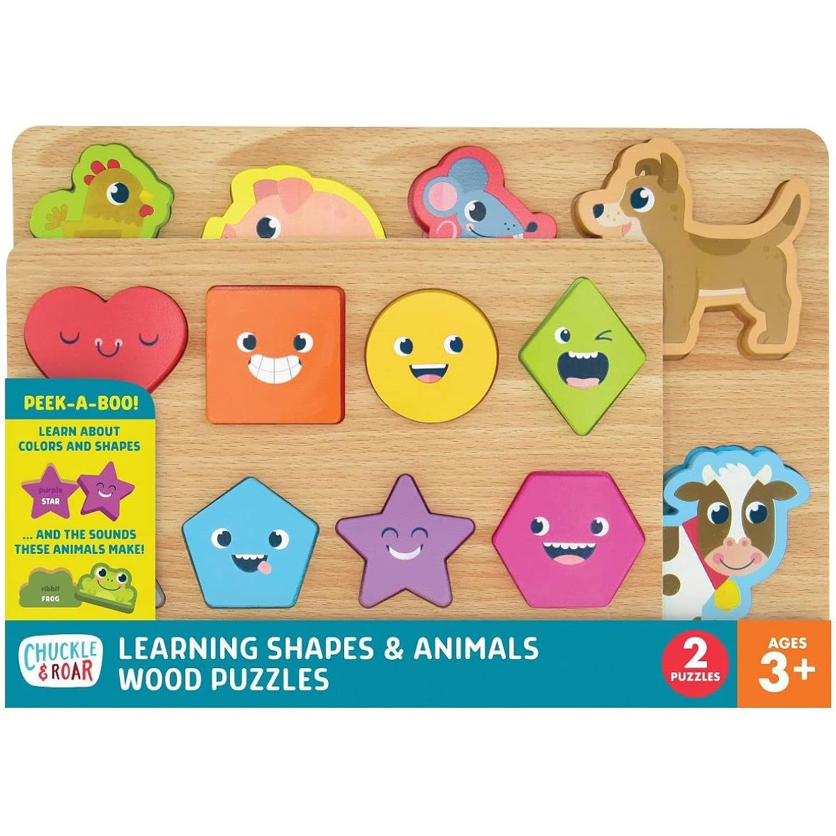 Chuckle & Roar - 2 Pack Shapes and Animals Wooden Puzzle - Fun and Educational Wooden Puzzle - Develops Fine Motor Skills - 18 Total Wooden Pieces