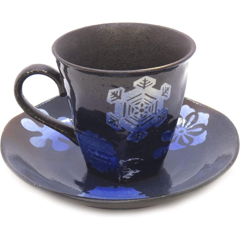 Kutani ware pottery coffee cup pair set with snow ring pattern