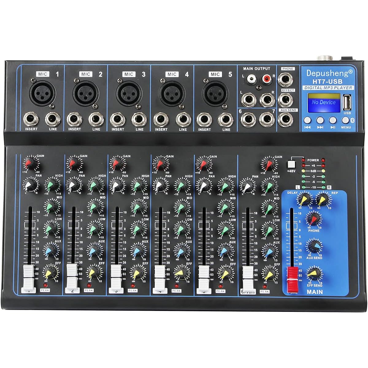 Depusheng HT7 Bluetooth Portable Audio Mixer W/USB DJ Sound Mixing Console MP3 Jack 48V Power Computer Recording, 7 Channel Band Mixing Board Studio Recording