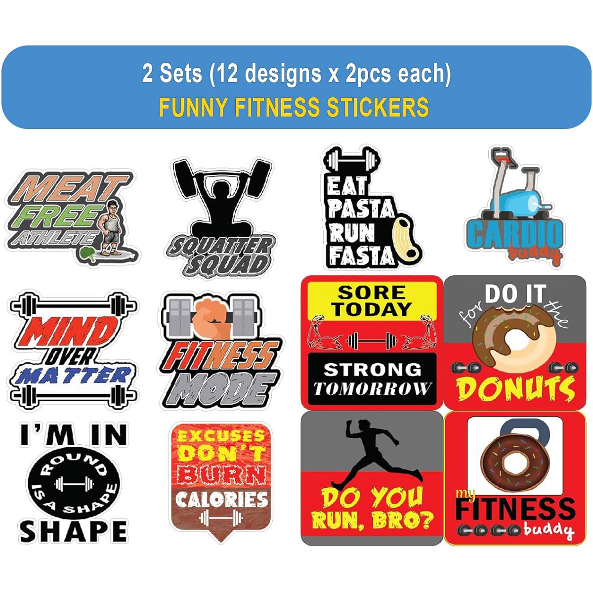 Funny Fitness Stickers - Bulk Set of 2 (12 x 2 each) - Approximately A7 Size 3.54 x 3.94 inches DIY Decorative Decal for Flat Surface Laptop Skateboard Luggage Car Bumper Bike Bicycle