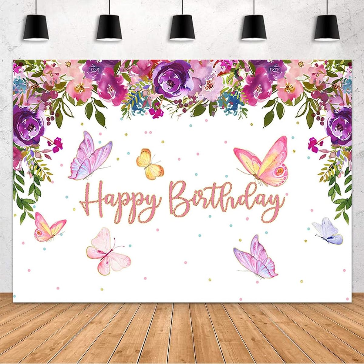 AIBIIN Butterfly Happy Birthday Backdrop Girls Purple and Pink Flowers and Butterflies Birthday Party Decorations Photography Background Cake Table Banner Photo Booth Props Vinyl 7x5ft