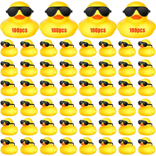 100pcs Yellow Rubber Ducks Bulk 100pcs Sunglasses Bath Toys Bathtub Mini Ducks Floats Sounding Little Ducks Kids Party Favors Birthday Party Supplies Prizes Rewards Shower Toys