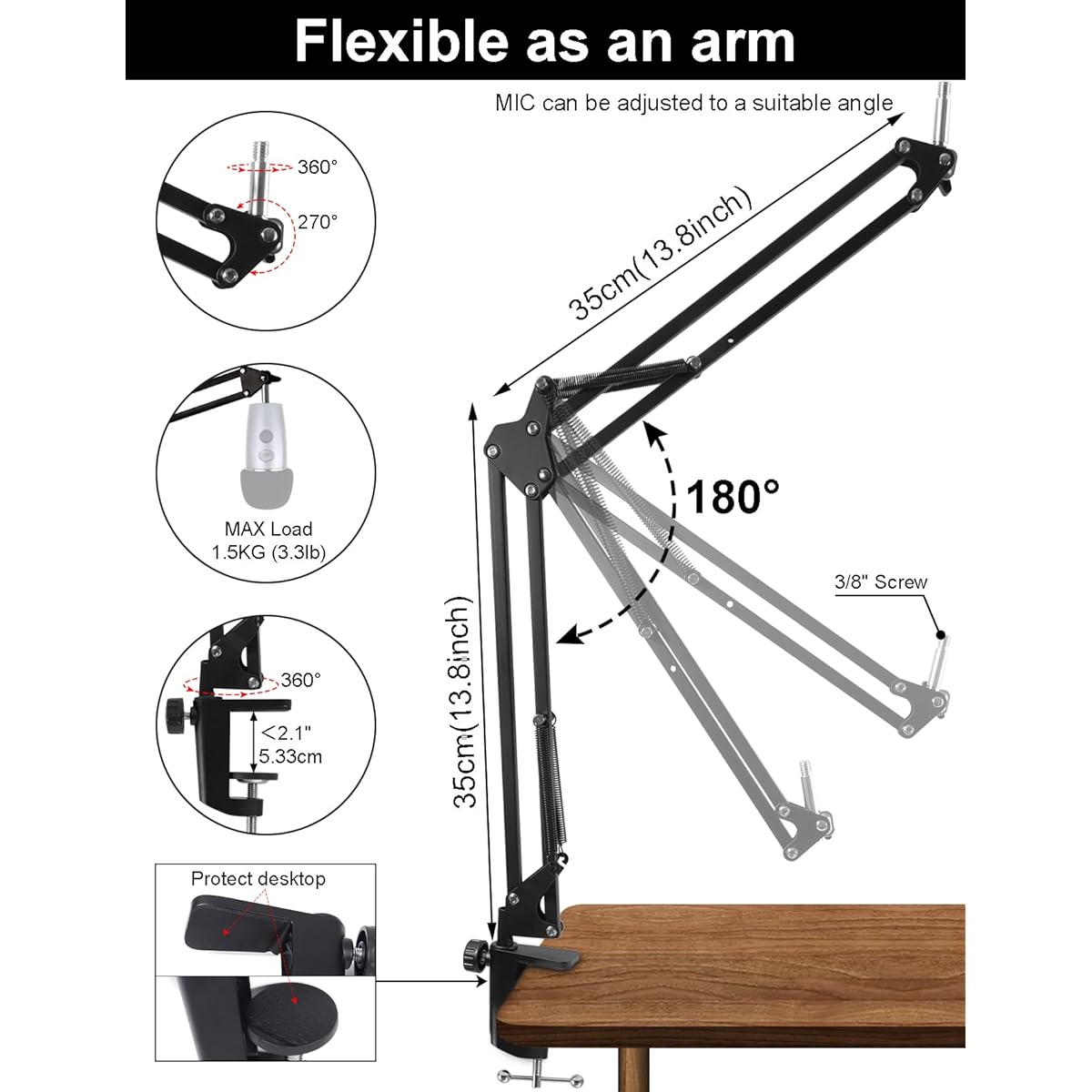 Microphone Stand for Blue Yeti, Yeti Nano, Snowball and Other Microphones, Computer Stand with Adjustable Suspension Arm with 3/8" to 5/8" Screw, 1/4" Pop Filter, Clip Mount microphone, cable ties