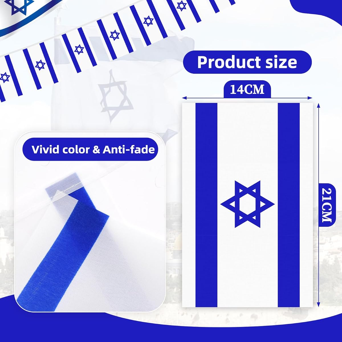 32ft 38pcs Rectangle Israel Flag Pennant Banners - Mini Israel String Banner Flags Blue White Flag Banners for Indoor/Outdoor/National Day Pride Israel Themed Festival Party Decorations