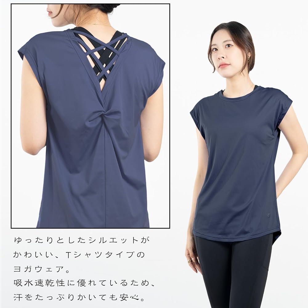 [iito.seasons] Yoga Wear, Women's Tops, Back Design, Beautiful Back, Long Length, Body Covering, T-Shirt, Crew Neck, Short Sleeve, Loose, Body Covering, Cold Feeling Shirt, Plain, Feminine, Sports, Fitness, Training, Room Wear, Stylish