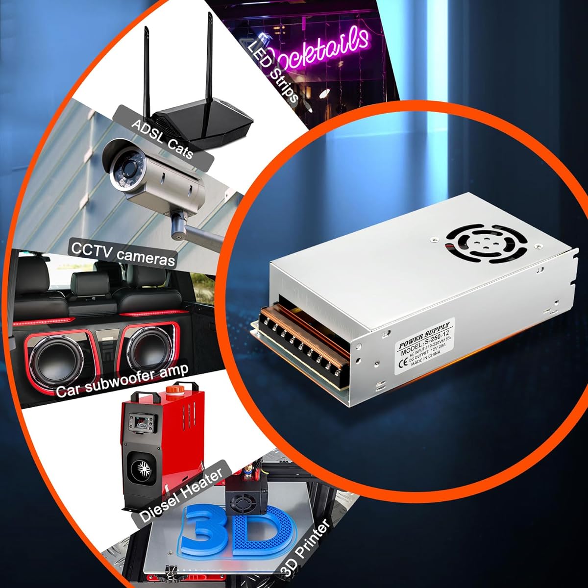 DC 12V 20A 240W Power Transformer Switch AC 110V/220V to DC 12V 20amp Switching Adapter Converter LED Driver Diesel Heater LED Strip Light CCTV Camera Security System