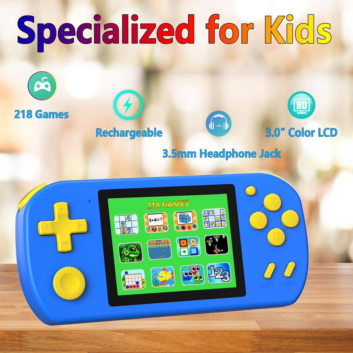 TEBIYOU Handheld Game Console for Kids, Preloaded 218 Retro Video Games, Portable Game Player with Rechargeable Battery, 3" LCD Screen, Mini Arcade Electronic Toy Gift for Boys Girls, Blue