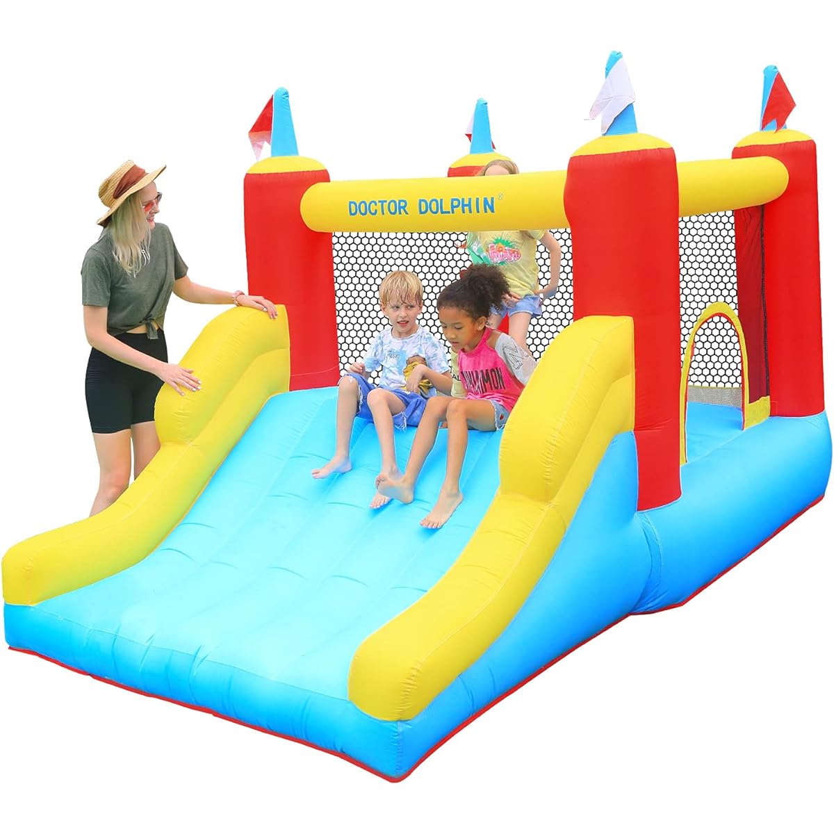 Doctor Dolphin Bounce House Inflatable Slide Bounce Castle with Blower Bouncy Playhouse for Ages 2-12 Indoor or Outdoor Wet & Dry