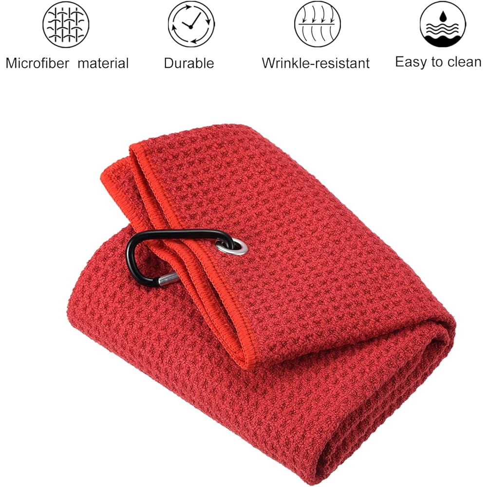 PATIKIL 40 x 40 cm Tri-Fold Golf Towel 3 Pieces Waffle Pattern Towel Soft Fiber Strong Water Absorption with D Clip for Golf Enthusiasts Red