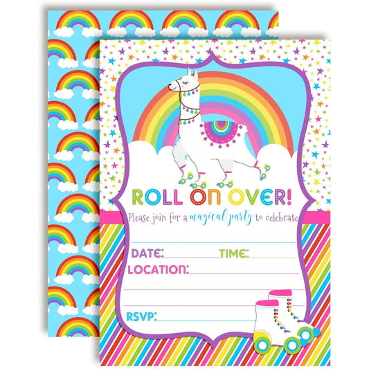 AmandaCreation 20 Colorful Llama Rainbow Roller Skate Birthday Party Invitations 5"x7" Cards with 20 White Envelopes