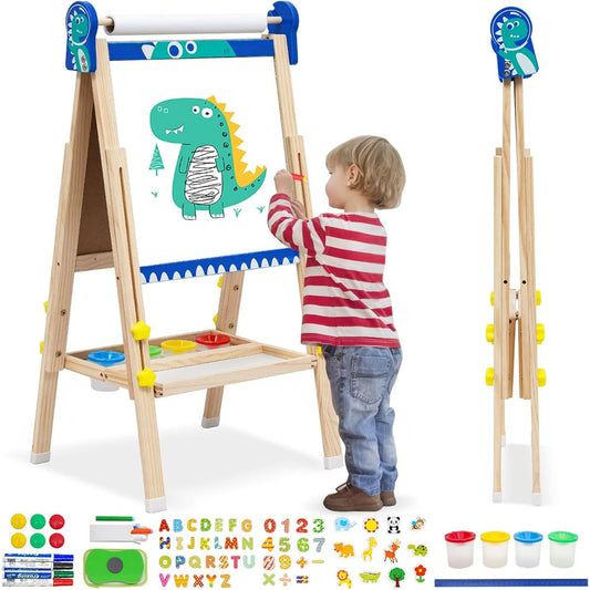 Easel for Kids, Wooden Art Easel, Adjustable Standing Easel, Double Sided Drawing Easel with Paper Roll, Magnetic Chalkboard & Whiteboard for Kids Toddlers Birthday Holiday Gift