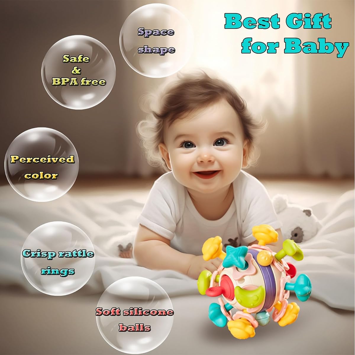 Teething Toys for Babies 0-6-12 Months, Sensory Montessori Space Balls Infant Baby Toys for 3-6 9 12 Months Development Learning Newborn Easy Grasp Rattles
