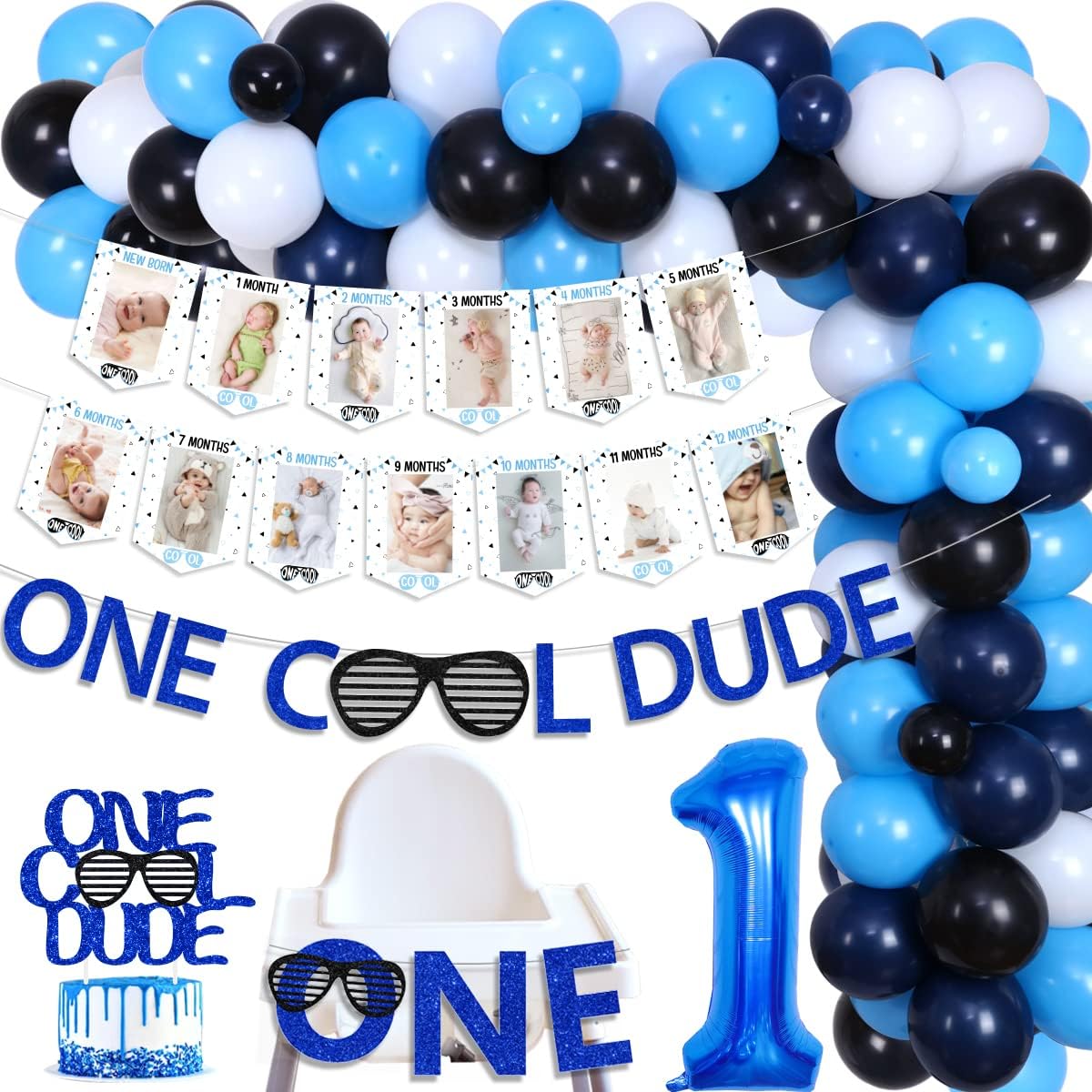 Cool Dude Birthday Party Decorations for Boys Blue and Black Balloon Garland Cool Guy Photo Banner High Chair Banner Sunglasses Cake Topper Boys First Birthday Party Decoration Supplies