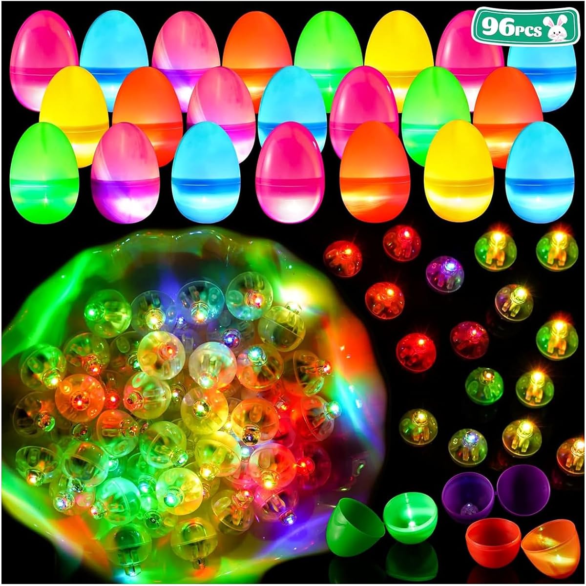 Mikulala Mini LED Lights Easter Basket Stuffers Glow in the Dark Party Supplies Easter Egg Fillers Goodie Bag Stuffers Gifts for Kids Easter Egg Hunt Party Decorations 96 Pieces
