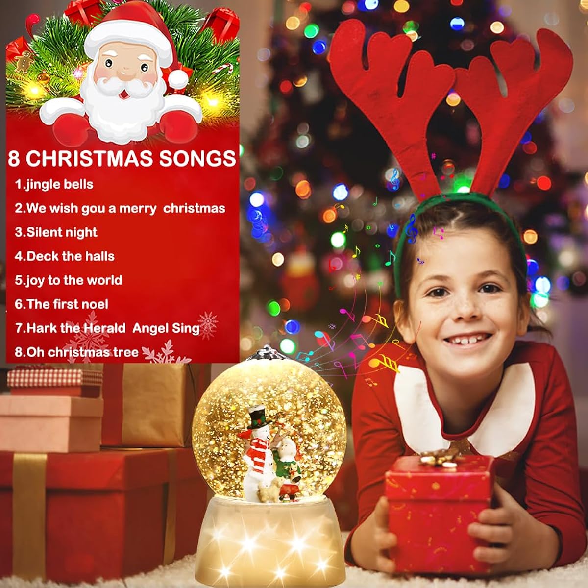 VITAKEO [360 Degree Rotation] Christmas Snow Globe Music Lantern Christmas Snowman Decorative Lamp with 5 Hour Timer Function 8 Christmas Songs USB or Battery Powered (7.45" x 4.33")