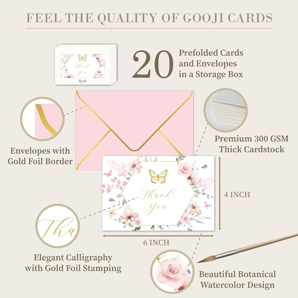 Gooji 4x6 Inch Butterfly Dream Thank You Cards with Envelopes (Bulk Pack of 20) Baby Shower Thank You Cards for Girls Bridal Shower Thank You Cards with Envelopes Wedding Greetings Blank Note Business Box Stationery Pink Flower