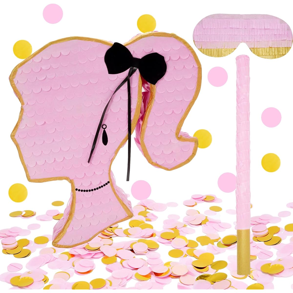 Whaline Girl Princess Pinata Set with Stick, Blindfold, Confetti, Pink Girl Profile Pinata for Birthday, Baby Shower, Party Games and Decorations