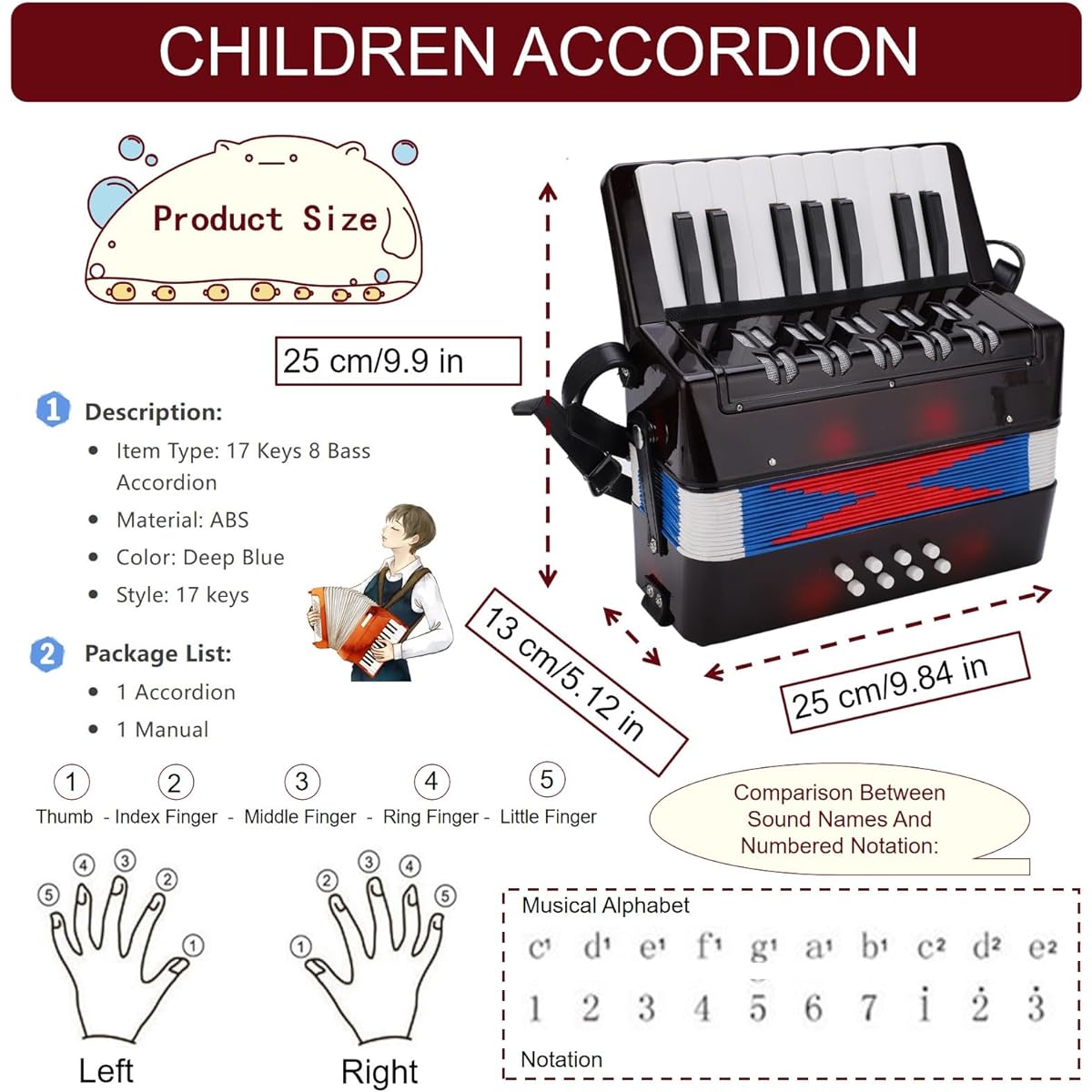 Accordion 17 Keys 8 Bass Accordion Musical Instrument for Adults Mini Accordion Adjustable Strap and Soft Sound Portable Educational Instrument for Music Beginners and Music Enthusiasts