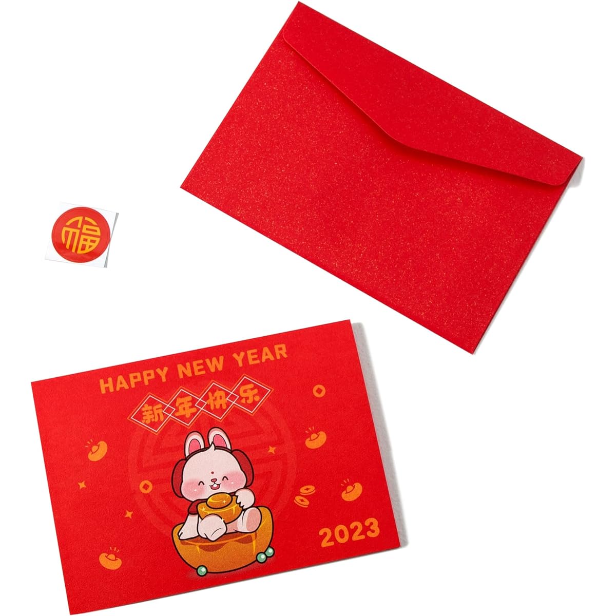 Oriental Pineapple Chinese New Year Card 2023 Year of the Rabbit 5"x7" Happy Chinese Lunar New Year Spring Festival Greeting Card with Envelope and Stickers for Kids, Family, Friends (Happy Gold)