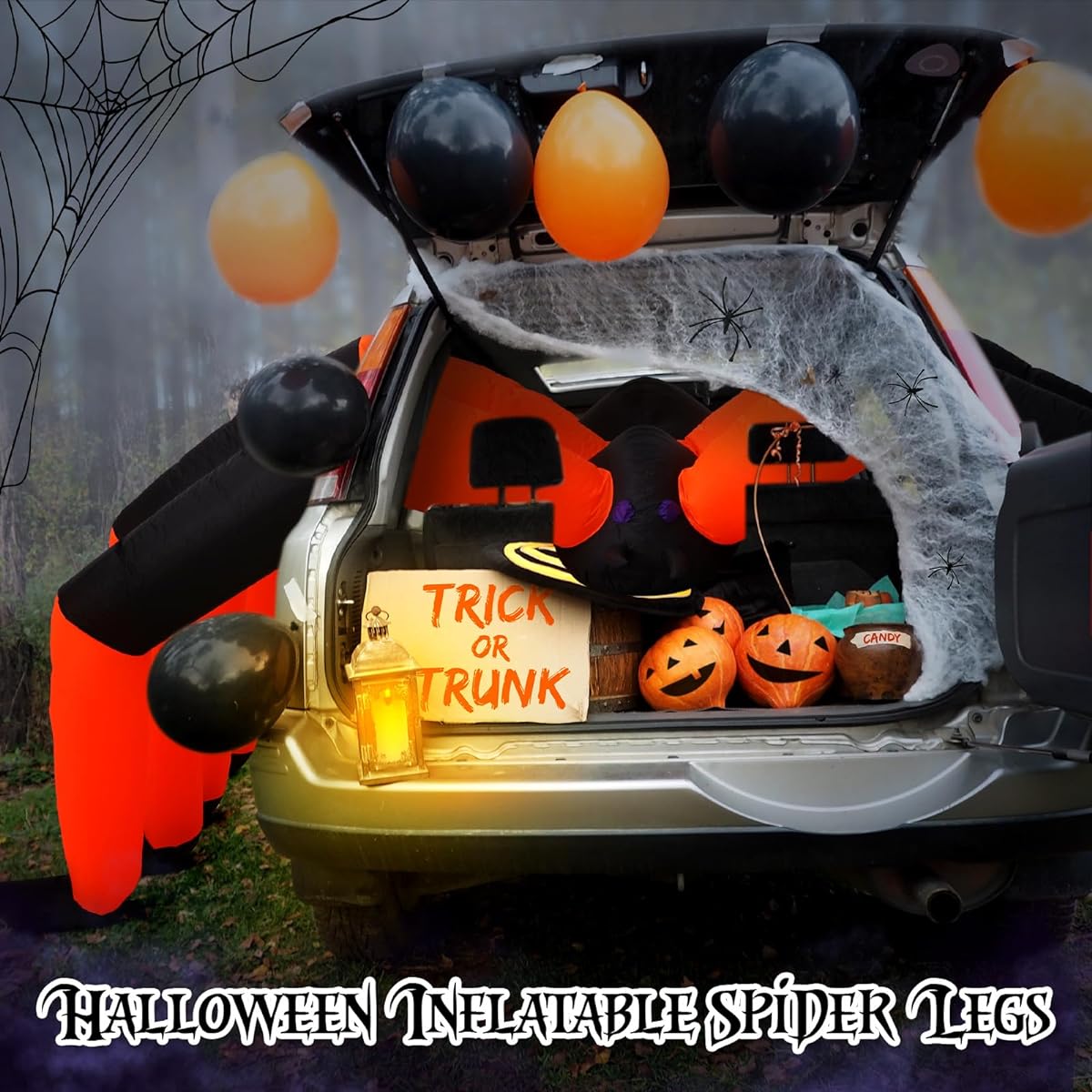 Jenaai 12ft Length Halloween Inflatable Spider Legs Car Decoration Kit Giant Black and Orange Inflatable Spider Halloween Car Decoration Outdoor Yard Lawn Yard Decoration