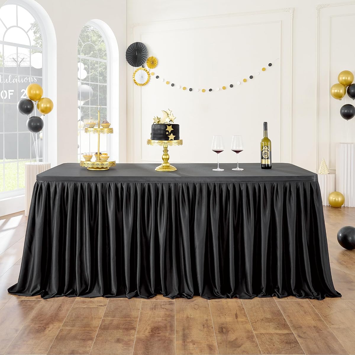 Leegleri Black Table Skirt for Rectangular Tables, 14ft Spandex Black Ruffle Polyester Pleated for Birthday Parties, Banquets, Weddings