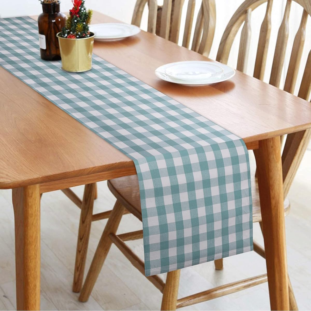 Urban Villa 100% Cotton Fused Table Runner 14" x 72" Oversized Aqua/White Buffalo Check Table Runner Heavier Quality 14" x 72" Aqua/White Check