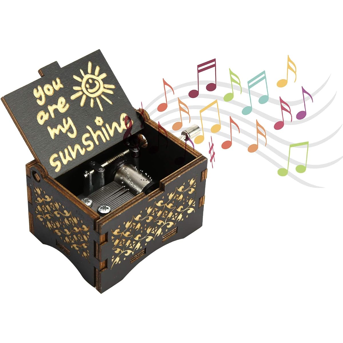 NEREIDS NET Wooden Music Box Vintage Music Box Hand Crank Small Wood Engraved Vintage Cute Box Gift Play You are My Sunshine Melody Birthday Christmas Valentine's Day