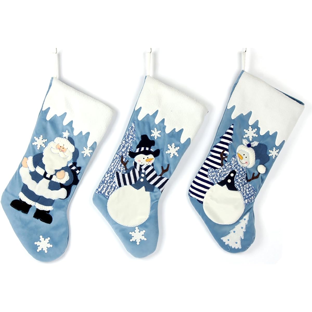 Set of 3 Blue White Snow 20 Inch Velvet Christmas Stockings Elegant Pattern for Christmas Gifts - Santa, Snowman