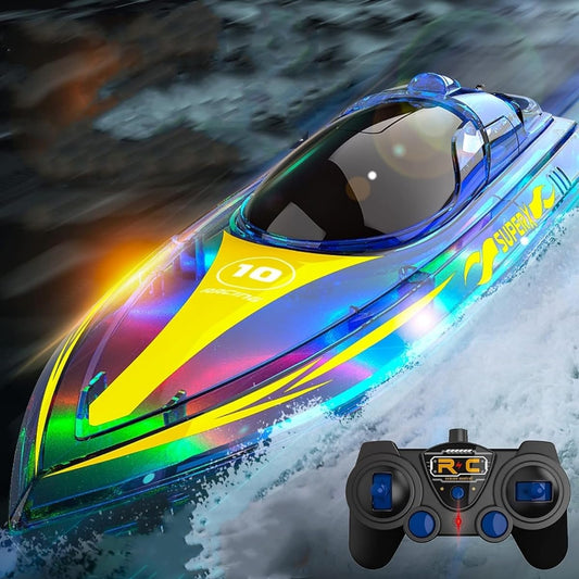RC Boat with LED Light 1 Hour Endurance Remote Control Boat for Kids and Adults with 2 Rechargeable Batteries High Speed Racing RC Boat for Pool and Lake 2.4GHZ Gift for Boys and Girls