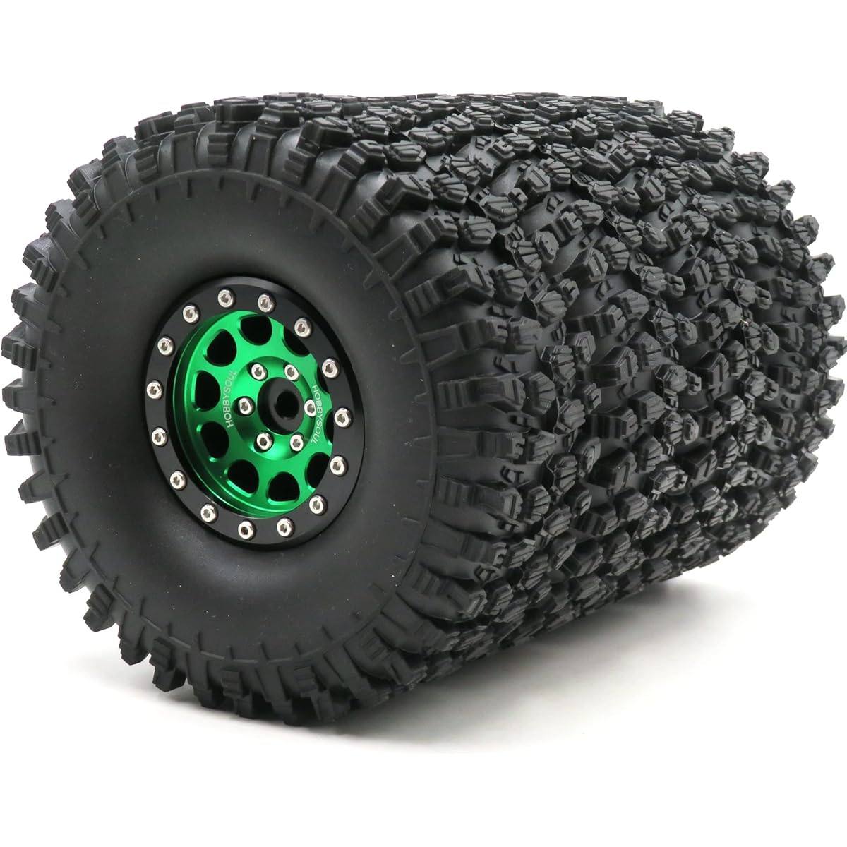 RC 1.9 Tire Tire Height 120mm/4.72" & Aluminum 1.9 Beadlock Wheel Rim Hex 12mm Green & Black Color (HS700811-4) for SCX10 TRX4 Tamiya CC01 Mud Crawler Terrain (Pack of 4 Assembled)