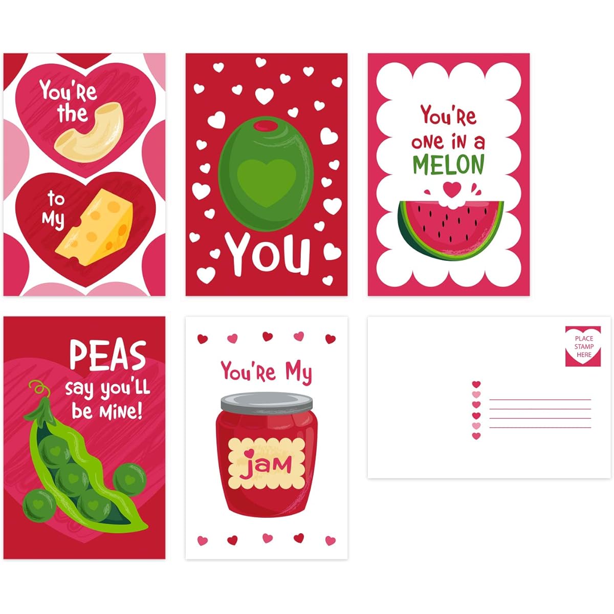 Valentine's Day Food Bread Postcards / Pack of 25 Illustrated Food Postcards / 5 Adorable Food Humor Card Designs / 4" x 6" Flat Valentine's Day Funny Classroom Student Cards / Galentine's Day Cards / Made in the USA