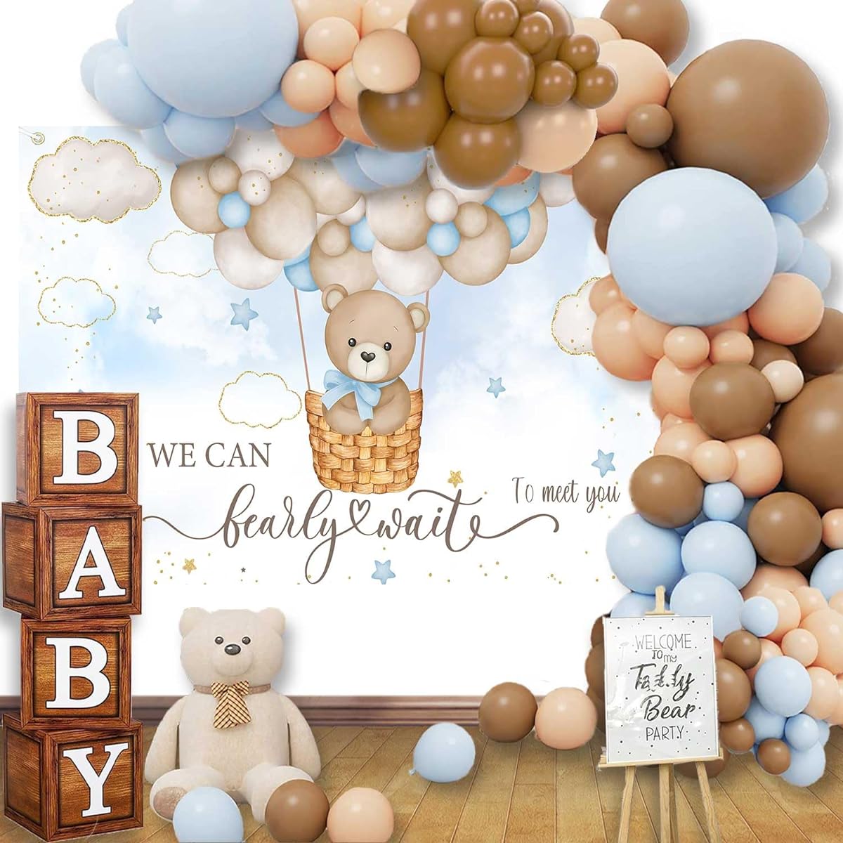 We Can Bearly Wait Baby Shower Decorations 1 Piece Bear Baby Shower Background 4 Pieces Wood Grain Box with Baby Letter 109 Pieces Brown Nude and Blue Balloons Arch Kit Bear Baby Shower Decorations for Boys/Girls