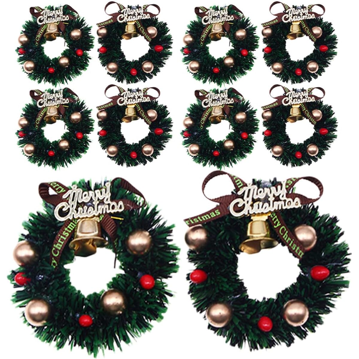 MAGICLULU Mini Christmas Wreath with Ribbon Bells Mini Green Artificial Christmas Wreath Christmas Holiday Supplies 10pcs