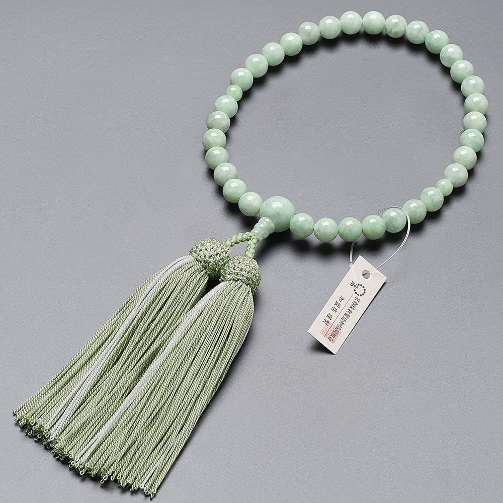 [Buddhist Altar Shop Takita Shoten] Kyoto Prayer Beads for Women, Burmese Jade, 8mm Beads, Pure Silk Headed Buns, Bead Bag Included, Women's Prayer Beads that Can Be Used by All Sects, Certificate Included