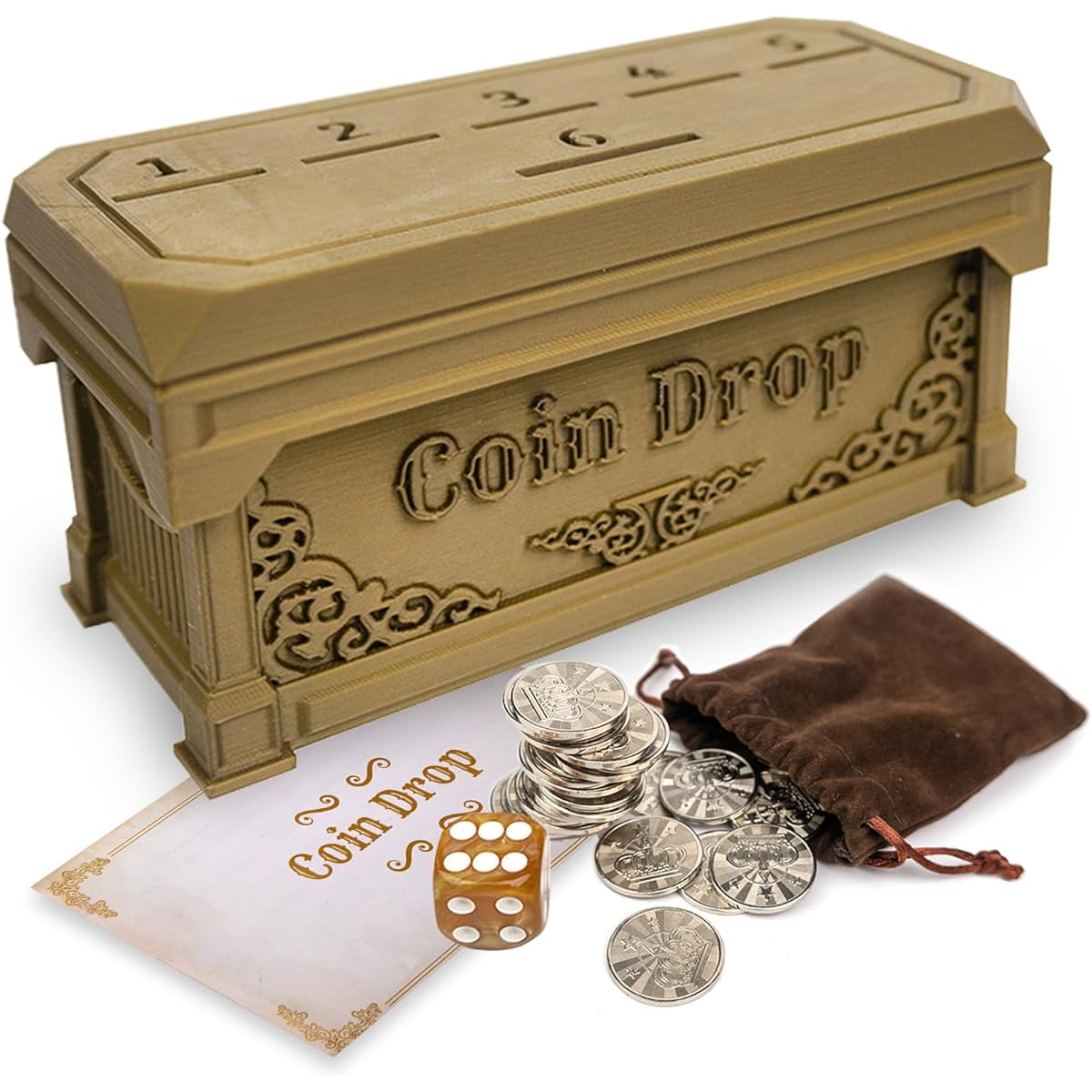 Coin Drop Game, Penny Game, 30 Metal Coins, Fancy Game Box, 1 Dice, 1 Specification. Fun Classic Board Game.
