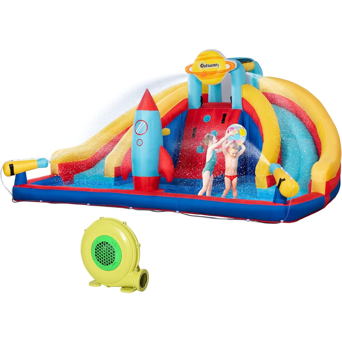 Outsunny 5-in-1 Inflatable Water Slide Rocket Theme Kids Castle Bounce House Slide Pool Water Cannon Basket Climbing Wall with Carry Bag Repair Patch 750W Air Blower