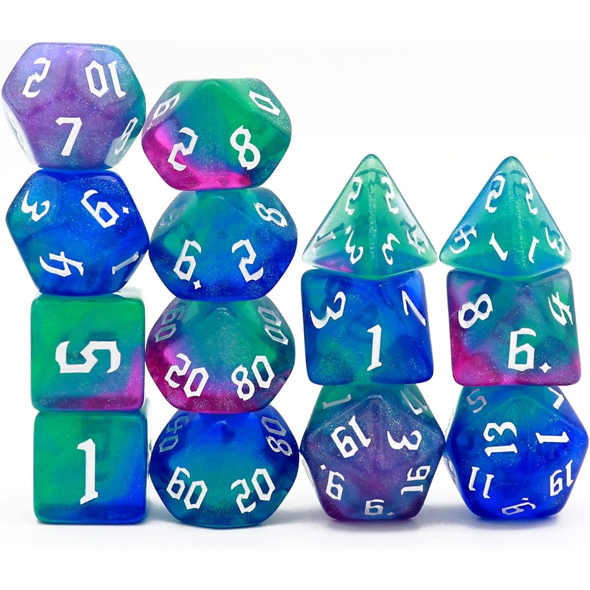 Hakusteka 14 Piece Glitter DND Dice Set Purple Blue Polyhedral RPG Dice for Dungeons and Dragons Gift